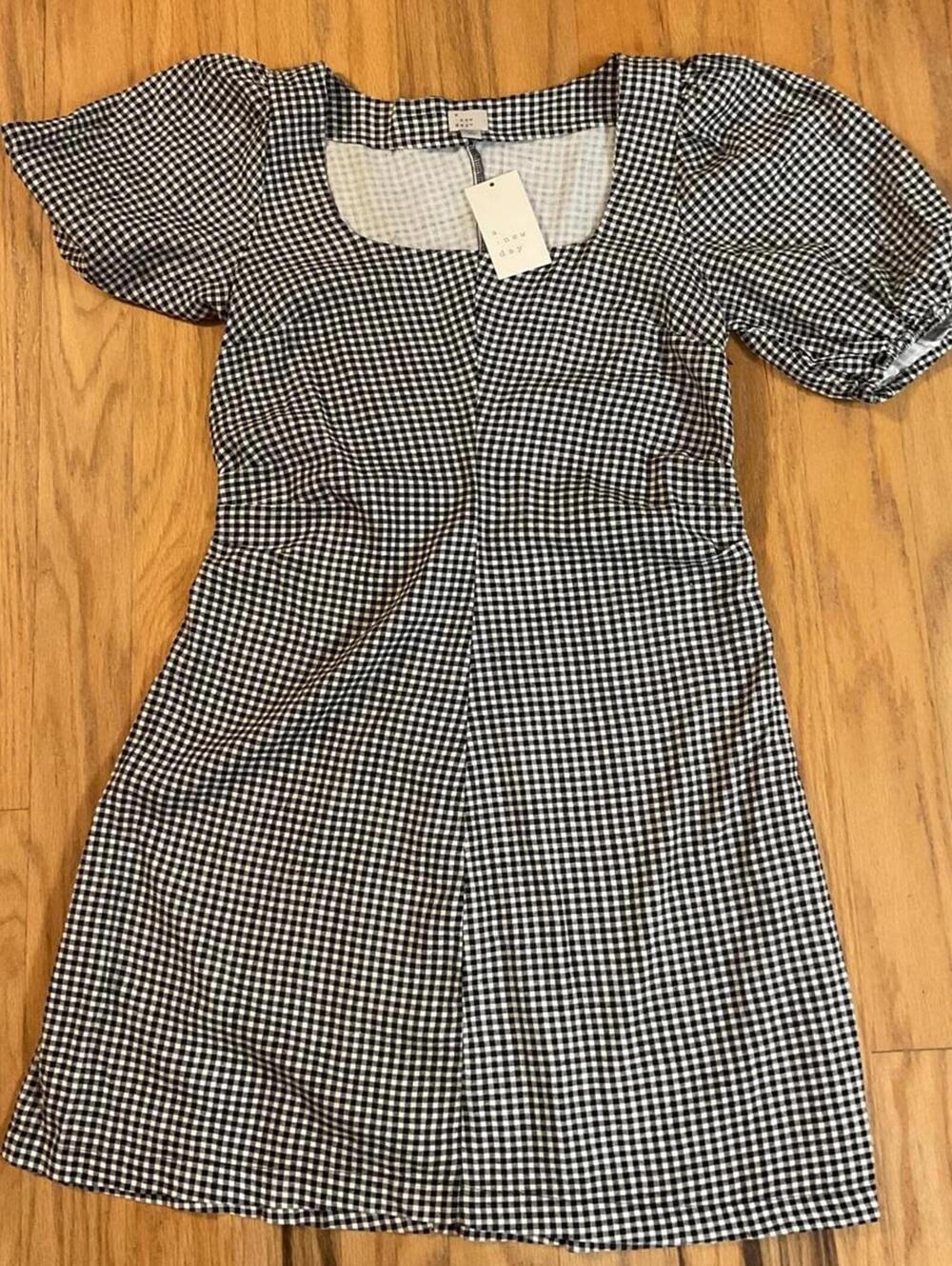 NWT A New Day Black and White Gingham Puff Sleeve Dress Size 10